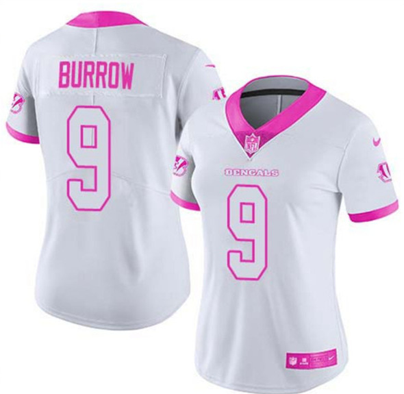 Women's Cincinnati Bengals #9 Joe Burrow White And Pink Vapor Stitched Jersey(Run Small)